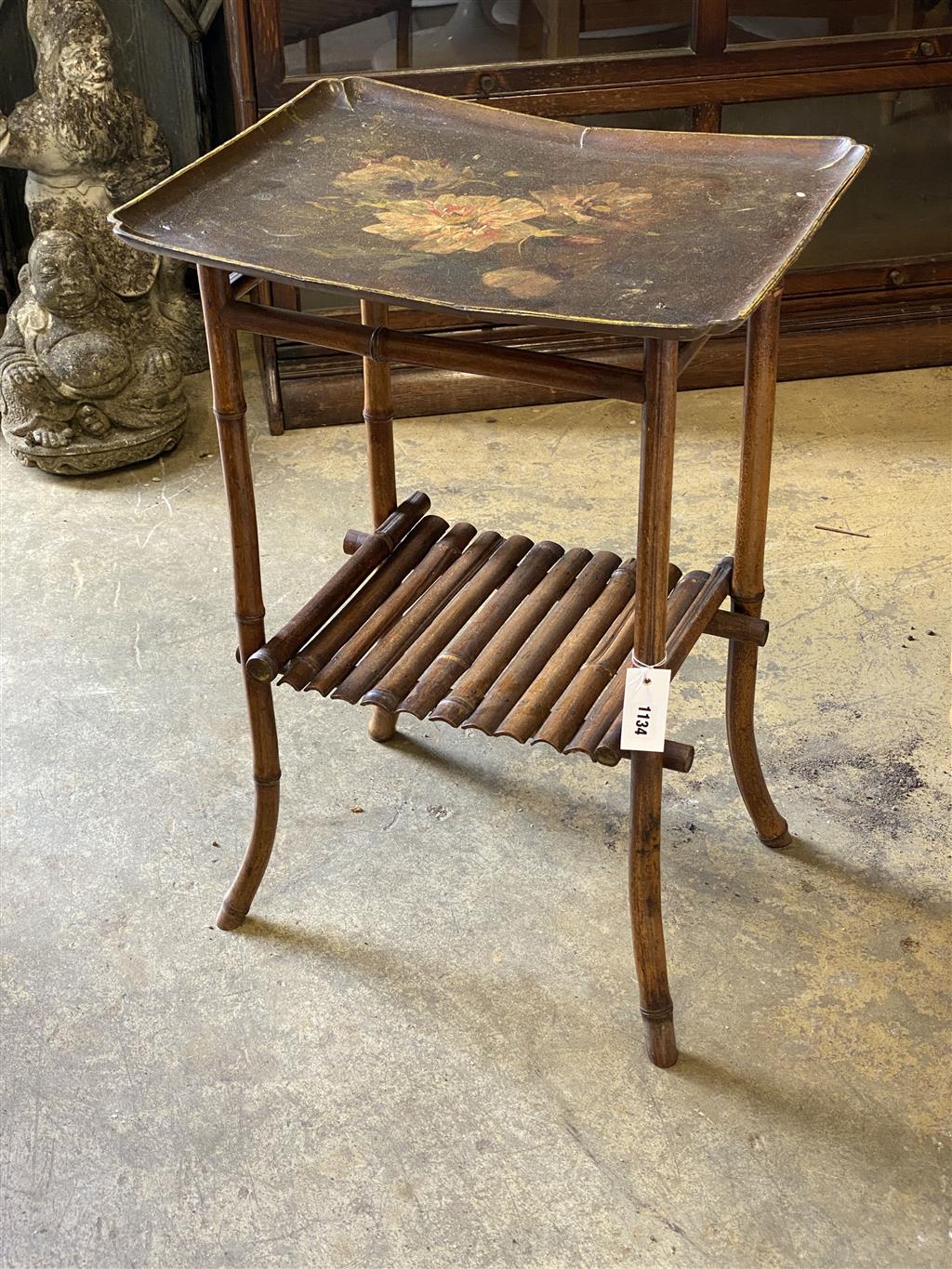 A Victorian bamboo rectangular occasional table with painted tray top, width 52cm, depth 40cm, height 73cm